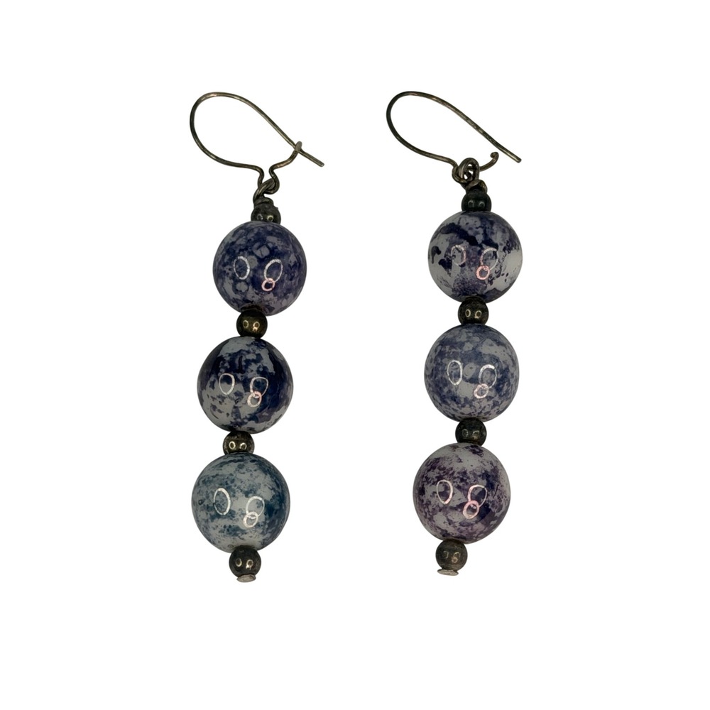Blue Purple Speckled Stone Triple Bead Drop Earrings Boho Silver Tone Y2K Retro